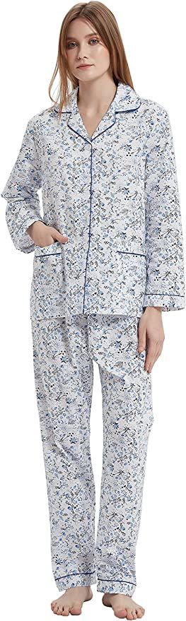 GLOBAL Juego de pijama para mujer, 100 % algodón, 2 piezas de ropa de dormir con cordón ajustab... | Amazon (US)