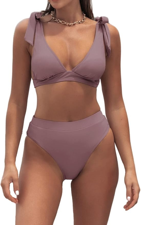 CUPSHE Women Bikini Sets Two Piece Swimsuits Deep V Neck Shoulder Straps Back Tie High Waisted Bi... | Amazon (US)