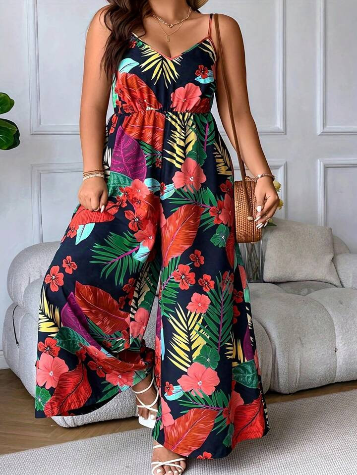 SHEIN VCAY Plus Tropical Print Wide Leg Cami Jumpsuit | SHEIN