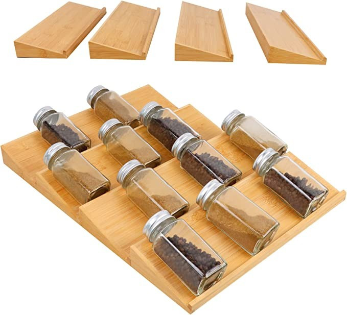 SOGUAOLO Bamboo Spice Rack Tray, Spice Drawer Organizer Insert for Kitchen, Spice Rack Tray 4 Tie... | Amazon (US)