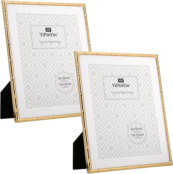 10x12'' Gold Metal Bamboo Detail Picture Frame with Acid Free Mat for 8x10'' Set of 2, Elegant Na... | Amazon (US)