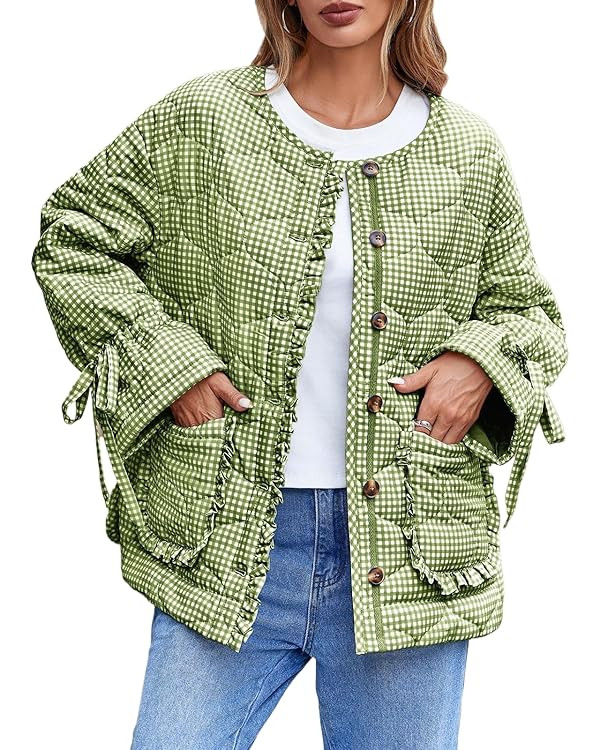 Tankaneo Womens Cropped Quilted Puffer Jackets Lightweight Plaid Button Down Bow Padded Down Coat | Amazon (US)