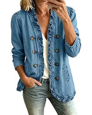 Denim Jacket for Women Ruffle Trim Long Sleeve Button Down Vintage Western Jean Coat V Neck Casua... | Amazon (US)