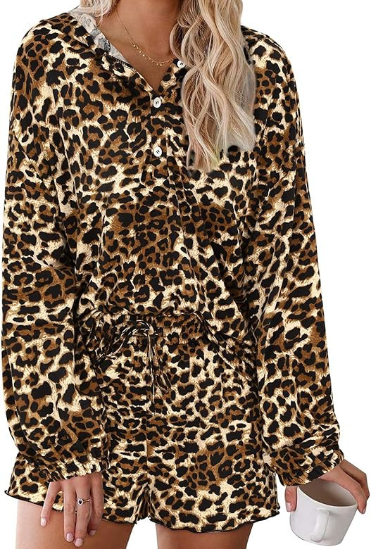 Women Pajamas Set Sleepwear Tie Dye Loungewear Long Sleeve Tops Shirts Button Down Hoodies Elasti... | Amazon (US)