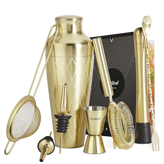 VonShef 9pc Gold Parisian Cocktail Shaker Bartender Set with Gift Box, Recipe Guide, Muddler, Jig... | Amazon (US)