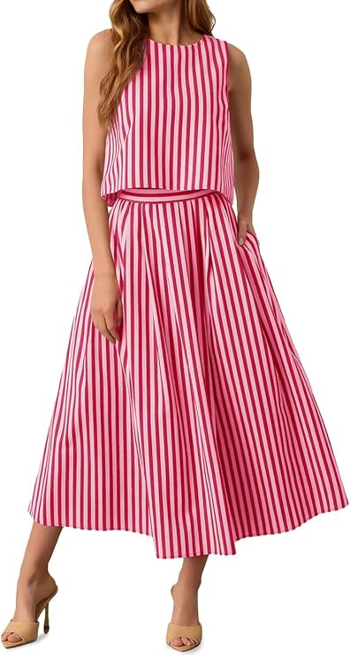 Tankaneo Womens 2 Piece Skirt Sets Summer Striped Sleeveless Tank Tops Midi Dress Travel Vacation... | Amazon (US)