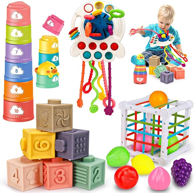 Montessori Baby Toys 6-12-18 Months, Infant Pull String Stacking Cups Shape Sorter Blocks Toy 6 7... | Amazon (US)