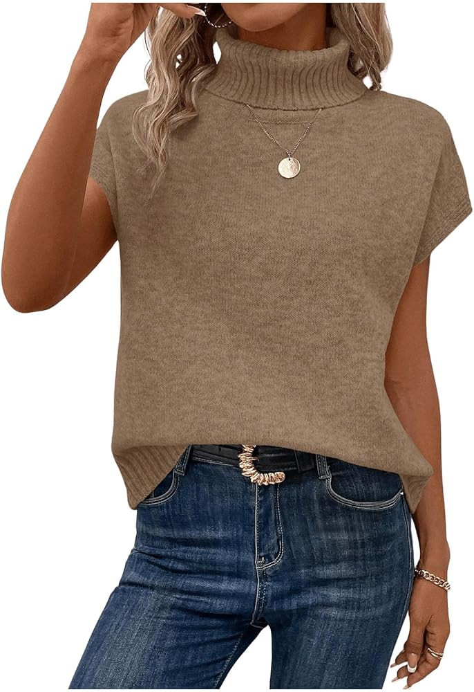 WDIRARA Women's Turtleneck Cap Sleeve Sweater Vest Pullover Knitted Top Loose Oversized Knitwear | Amazon (US)