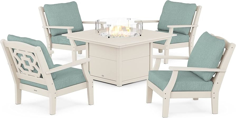 MARTHA STEWART PWS1544-2-SA161130 Chinoiserie 5-Piece Fire Pit Table Deep Seating Set, Sand/Glaci... | Amazon (US)