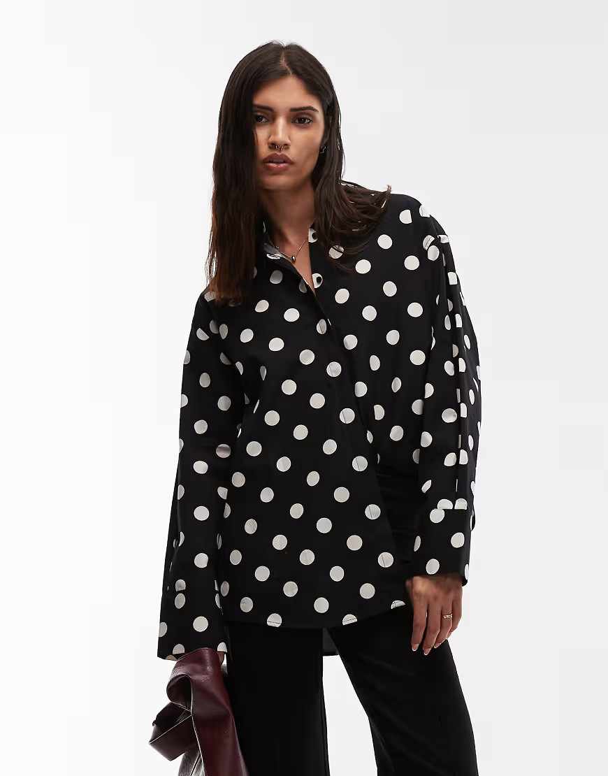 ASOS DESIGN oversized shirt with pleat in black polka dot-Multi | ASOS (Global)