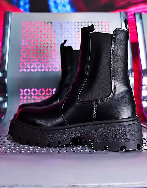 ASOS DESIGN super chunky square toe chelsea boot in black faux leather | ASOS (Global)