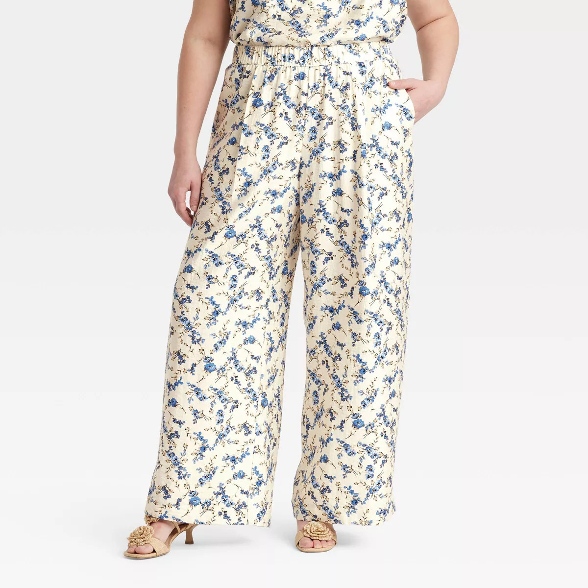 Women's High-Rise Wide Leg Pull-On Pants - A New Day™ Cream Floral | Target