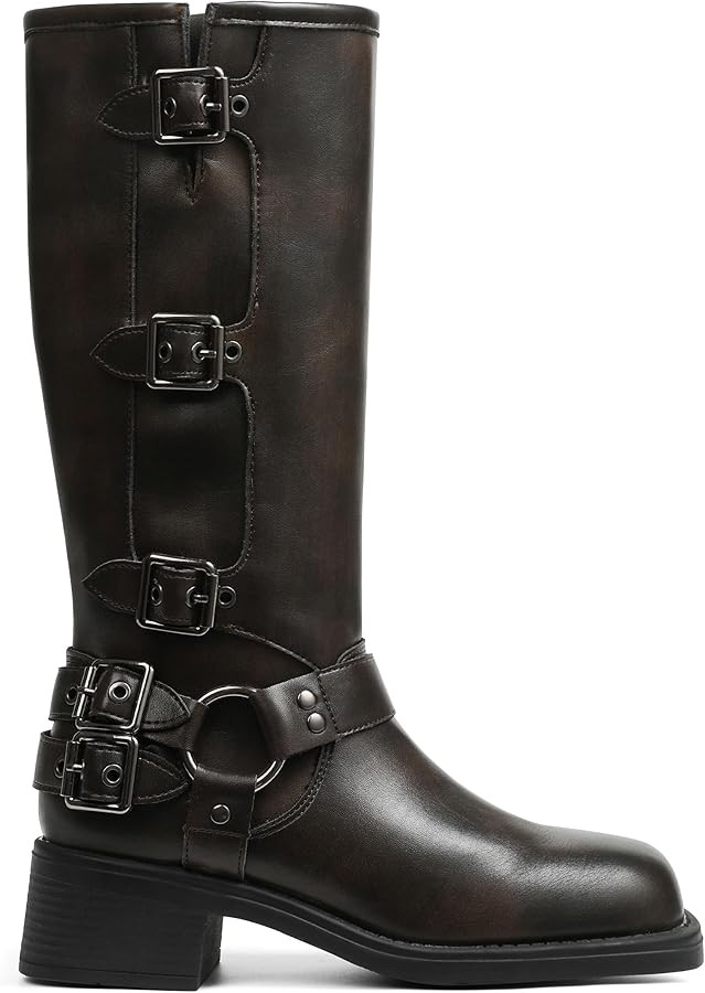 CYNLLIO Knee High Boots Women Vintage Buckle Riding Boots Pull on Wide Calf Boots Fashion Mid Chu... | Amazon (US)