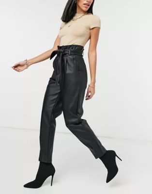 ASOS DESIGN leather look tie waist peg pant in black | ASOS (Global)