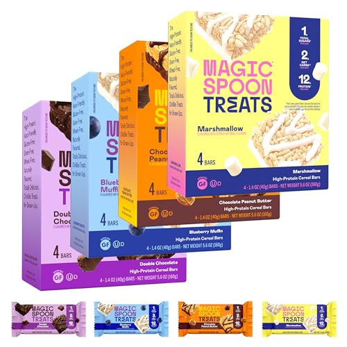 MAGIC SPOON Treats - High Protein Bars, Low Carb, Keto Friendly, 1g of Sugar, Gluten Free, Crispy Treat Cereal Bar, On-The-Go Healthy Snack (4 each of Marshmallow, Chocolate PB, Blueberry Muffin, Double Chocolate) | Amazon (US)