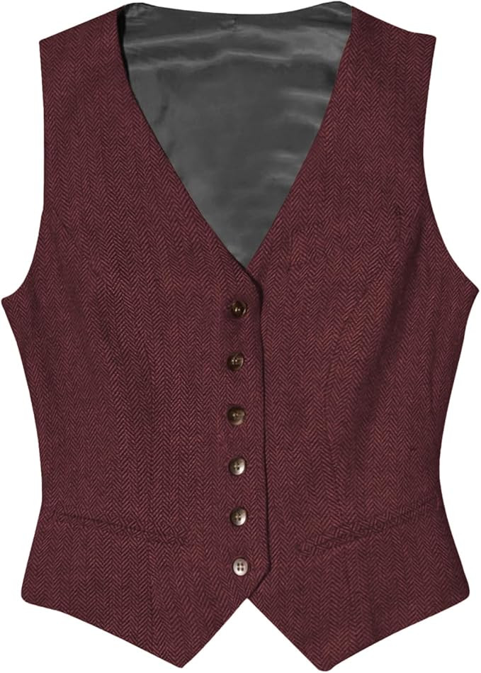 Tuikayoo Womens Herringbone tweed Sleeveless Slim Fit Button Down Top V Neck Outerwear Waistcoat ... | Amazon (US)