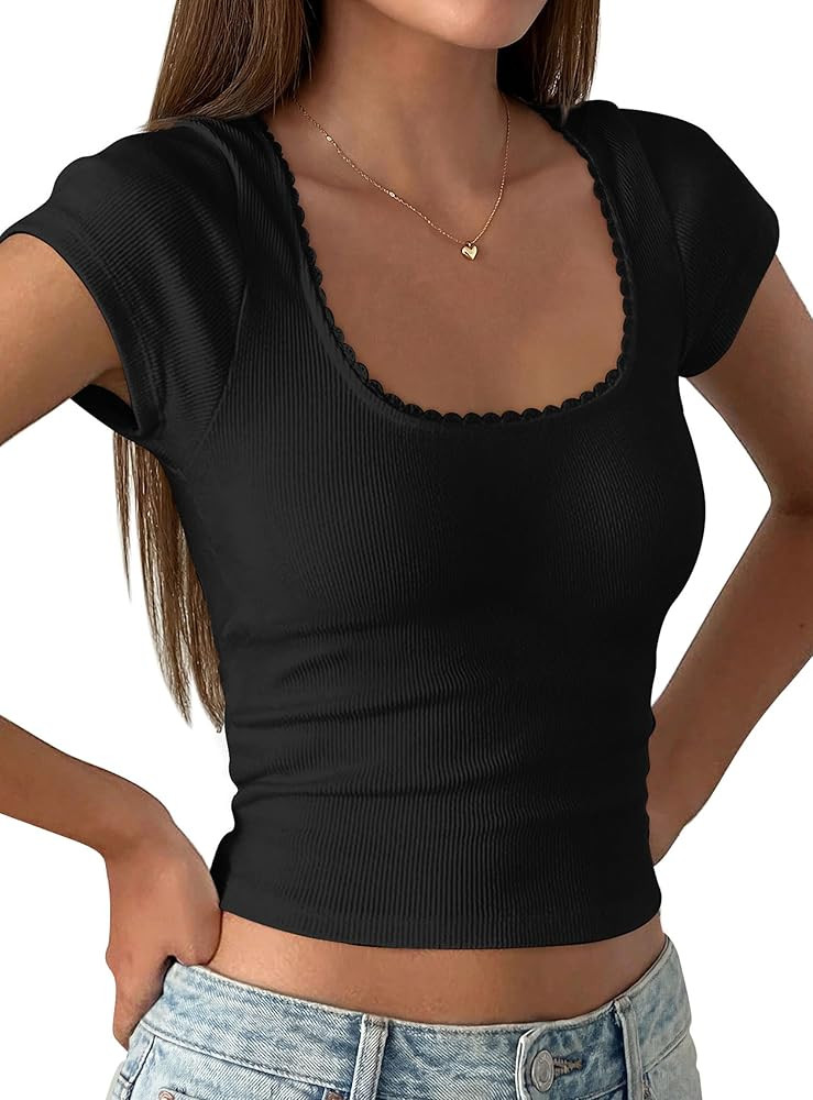 PRETTYGARDEN Women's Short Sleeve Tops 2026 Summer Lace Trim Square Neck Slim Fitted Going Out Ba... | Amazon (US)