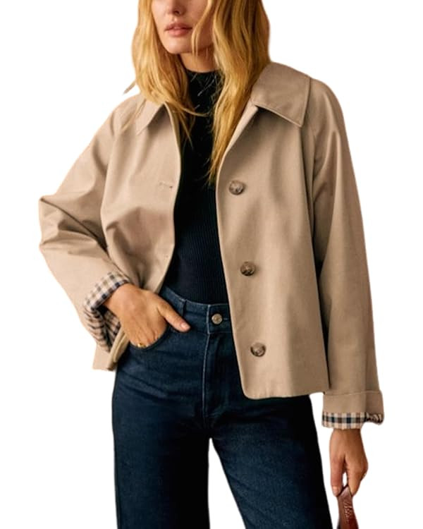 Women Oversize Trench Coat Plaid Lining Lapel Button Down Casual Crop Jacket Outwear with Pockets | Amazon (US)