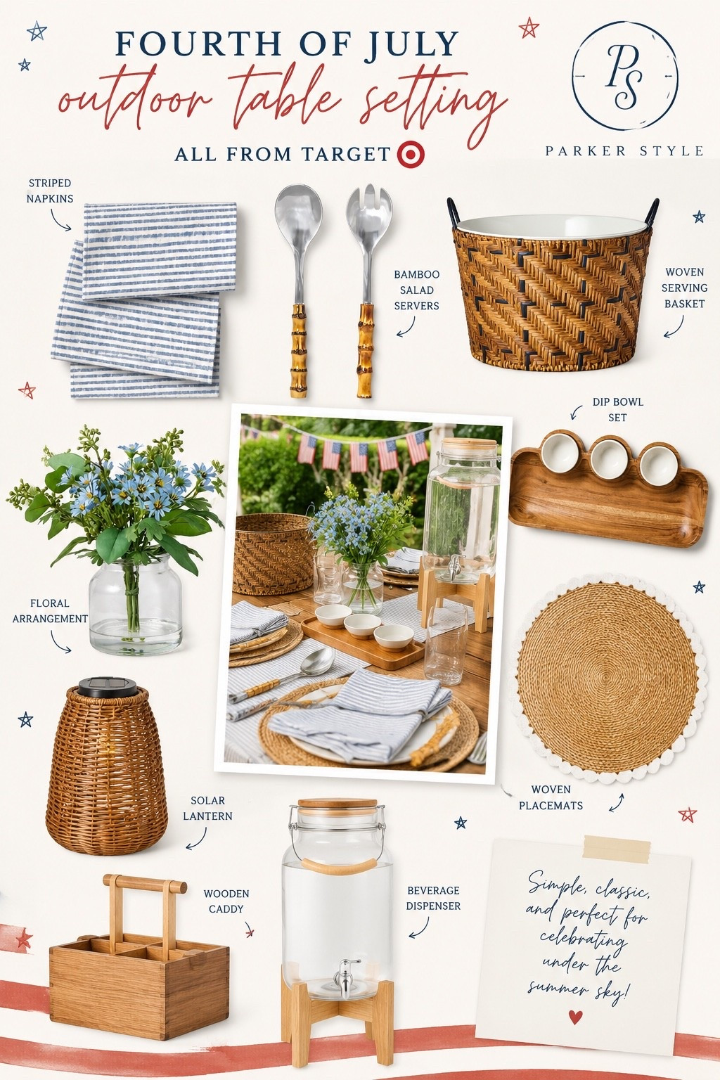 Creating a simple, neutral Fourth of July table setting with all my favorite warm wood + woven Target finds 🤍 From the striped linens to the bamboo serving pieces, this setup feels classic, elevated, and perfect for summer nights outside. Everything is linked in my LTK! ✨

#TargetStyle #LTKHome #FourthOfJulyDecor #Parkerstyle #OutdoorTableSetting