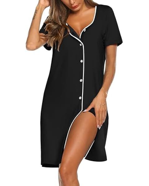 Ekouaer Nightgowns for Women Button Down Sleepshirt Short Sleeve Nightshirt Boyfriend Pajamas V N... | Amazon (US)