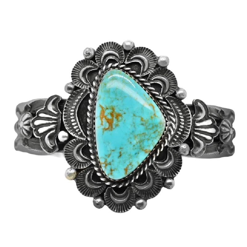 Genuine Cerillos Turquoise Cuff Bracelet, Sterling Silver, Authentic Navajo Native American USA H... | Amazon (US)