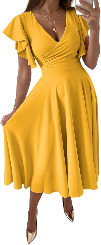LYANER Women's Warp V Neck Ruffle Short Sleeve A Line Swing Flared Cocktail Party Midi Dress | Amazon (US)