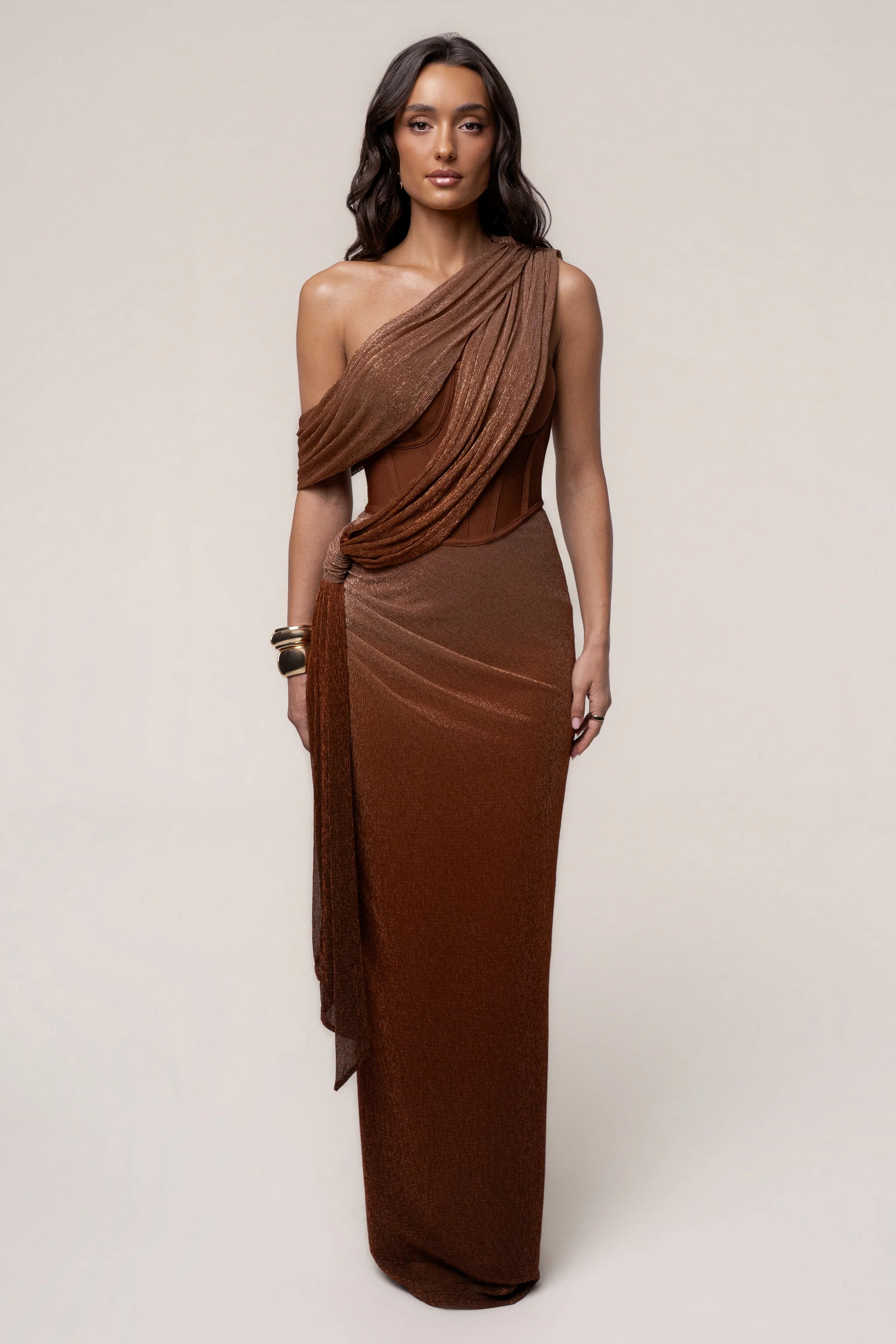 Gold Celestina Draped Maxi Dress | JLUXLABEL US