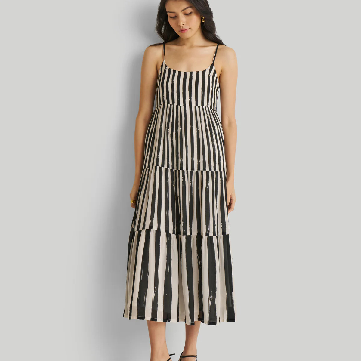 Strappy Tiered Maxi Dress in Black Stripes | Reistor