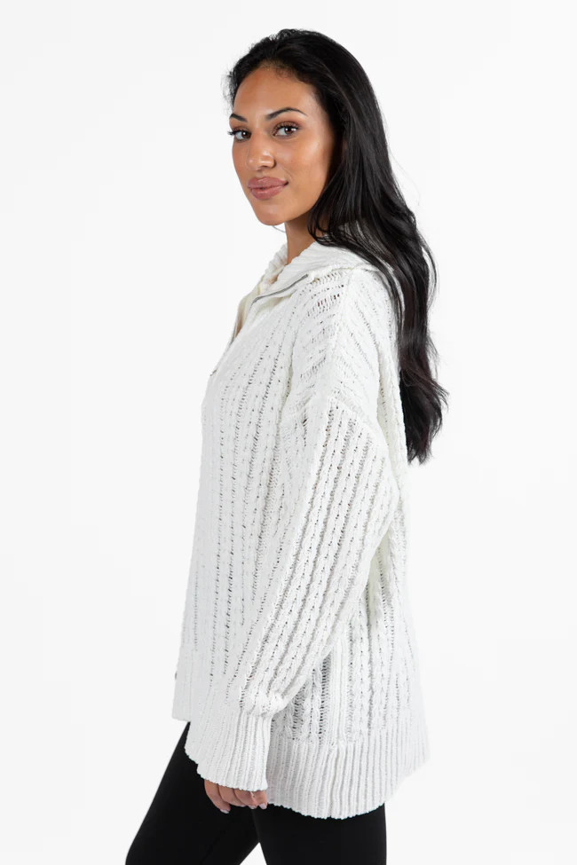 Forever Yours White Cable Knit Chenille Quarter Zip Sweater | Pink Lily