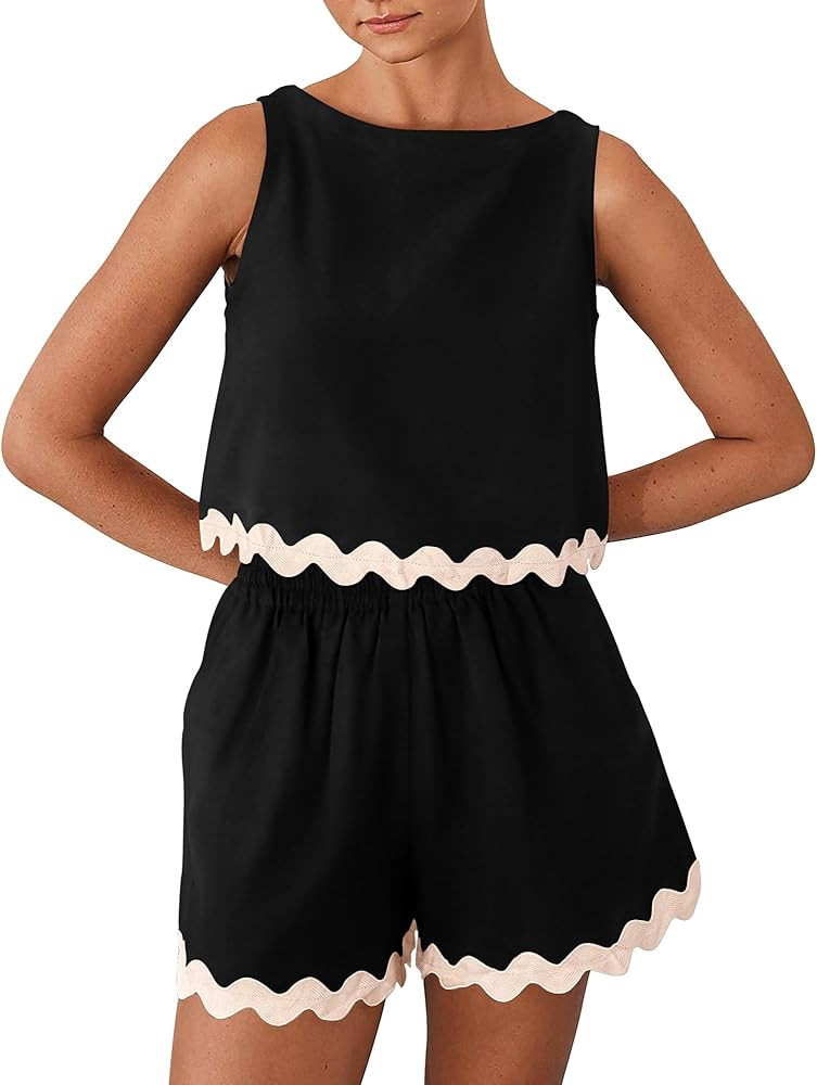 BTFBM Women Two Piece Beach Vacation Outfits Summer Casual 2 Piece Lounge Set Cropped Tank Top El... | Amazon (US)