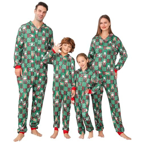 ANGELGGH Family Matching Christmas Onesie Pajamas, Vacation Cute Printed One Piece Pajamas, Xmas Hooded Holiday Sleepwear (Women, M, Green Plaid Santa) | Amazon (US)