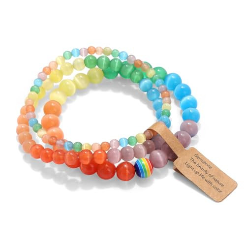 Risyfjew 3 PCS Healing Crystal Rainbow Bracelets for Women 8mm Natural Stone Beaded Stretch Bracelet Pride Jewelry Gifts | Amazon (US)