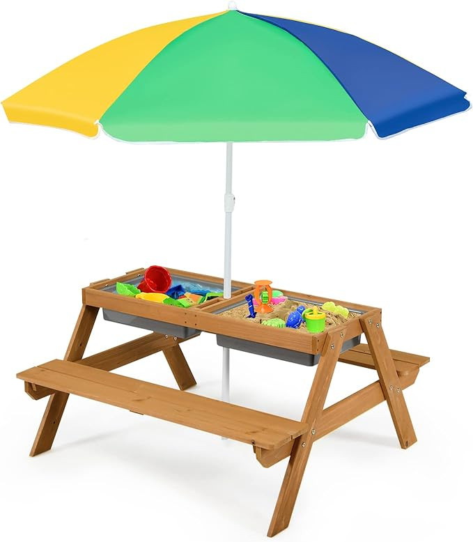 Costzon Kids Picnic Table, 3 in 1 Sand & Water Table w/Height Adjustable Umbrella, Removable Tabl... | Amazon (US)
