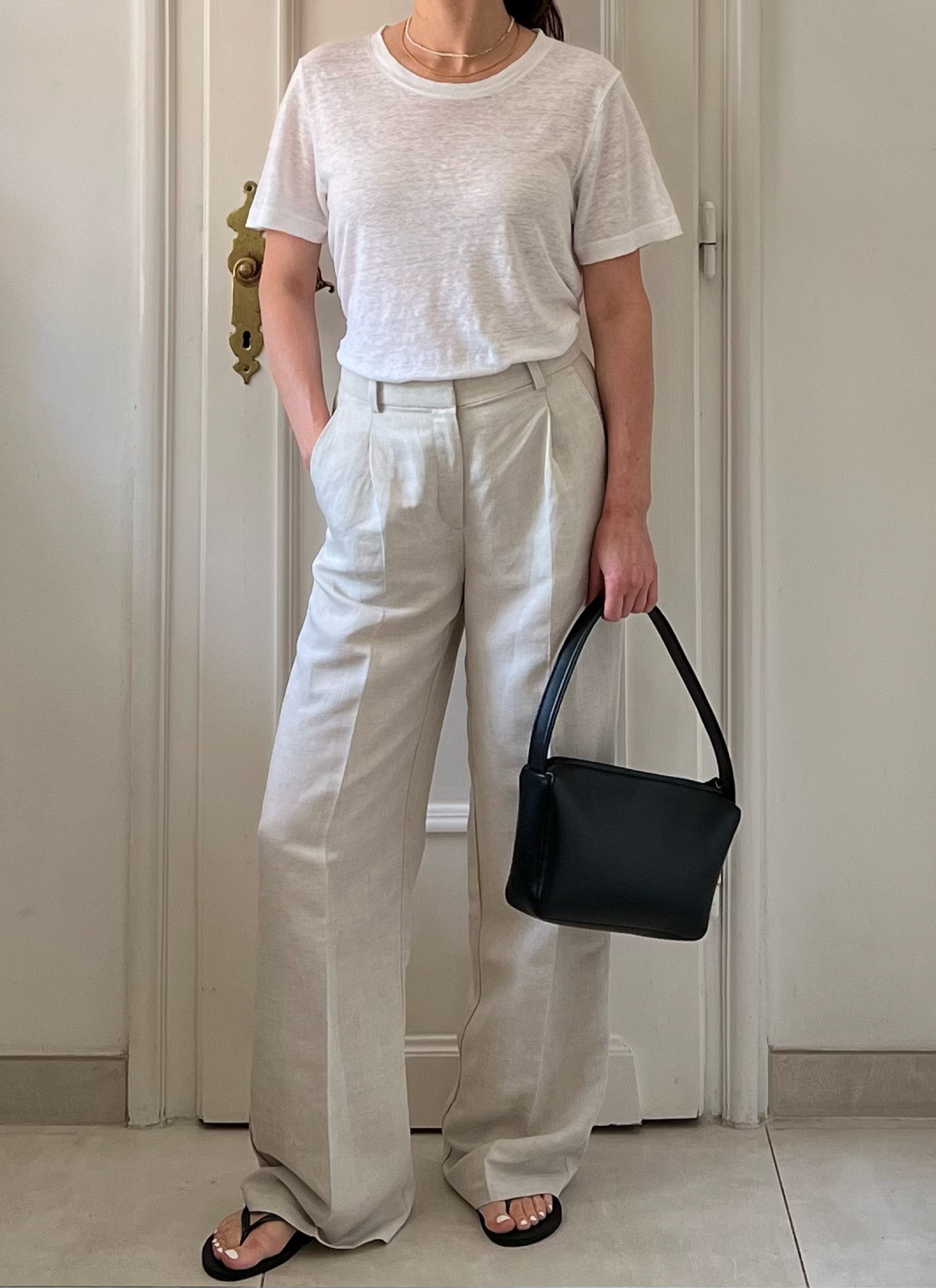 Summer trousers, summer outfit, linen outfit, smart trousers, white t-shirt, linen tee, designer bag, flip flops

#LTKstyletip #LTKuk #LTKsummer