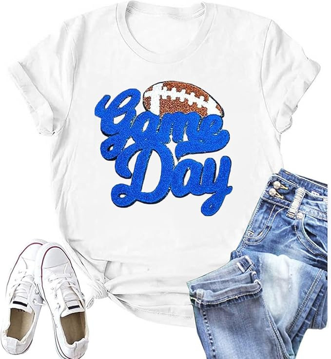 Game Day Shirt Women Football Glitter Patch Graphic Shirts Sunday Funday Tee Vintage Football Sea... | Amazon (US)