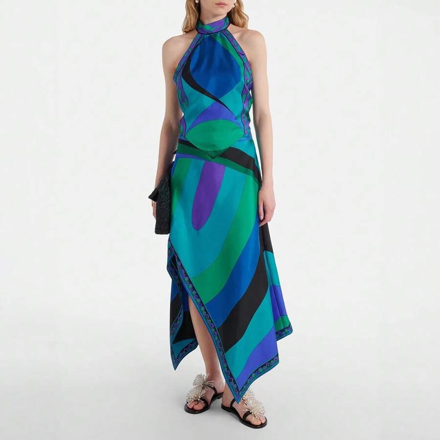 Local2026 New Printed Satin Halter Neck Backless Top With Irregular Skirt | SHEIN