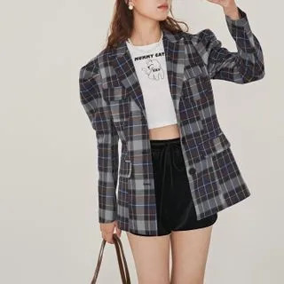 Long-Sleeve Color-Block Plaid Blazer | YesStyle Global