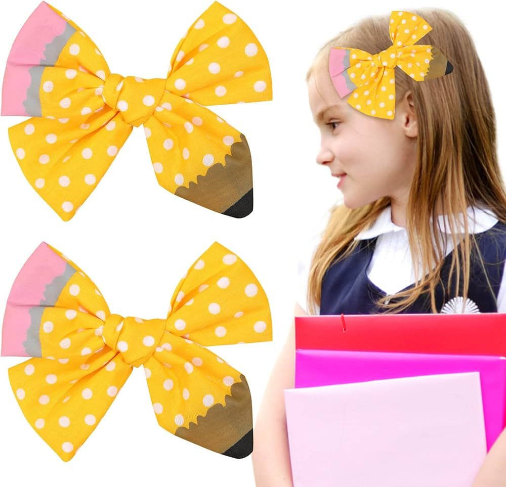 2PCS Back to School Pencil Cheer Hair Bows, Oaoleer Linen Yellow Pencil Hair Bows Clips for Girls... | Amazon (US)