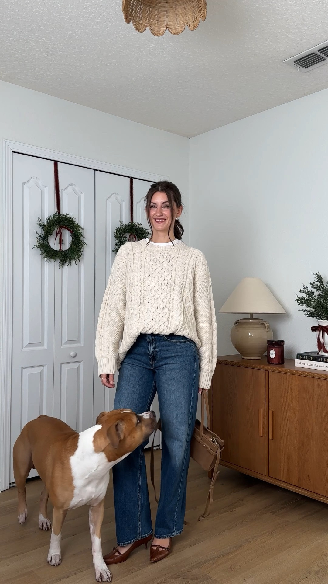 Casual thanksgiving outfit idea! Gap code: TREAT (20% off) 
Jeans are super comfy and can’t go wrong with a cable knit! Wearing 26 regular jeans, medium sweater, xs tee. Bag is from Marshall’s, shoes thrifted RL - linked similar 

#LTKootd #LTKHoliday #LTKgrwm
