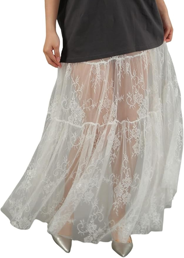 Perbai Women's Sexy Sheer Lace Skirt High Waisted Floral Embroidered Ruffled A Line Long Maxi Bea... | Amazon (US)