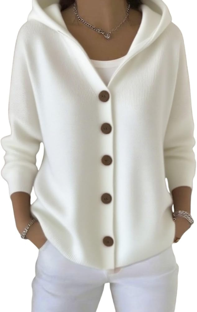 HOTYD Womens Button Down Hooded Cardigan Sweaters Long Sleeve V Neck Solid Color Sweater Hoodies ... | Amazon (US)
