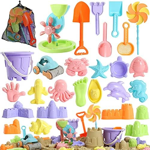 Beach Sand Toys for Kids - 31 pcs Sandbox Toy Set for Kids 3-10, Sand Castle Toys with Water Whee... | Amazon (US)