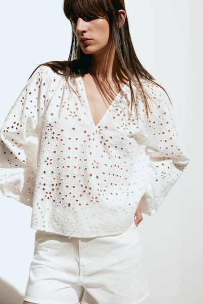Blouse with Eyelet Embroidery - Blue - Ladies | H&M US | H&M (US + CA)