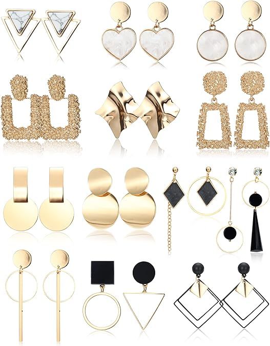 CASSIECA 13 Pairs Statement Dangle Earrings Gold Stud Earrings for Women Fashion Big Geometric Ea... | Amazon (US)