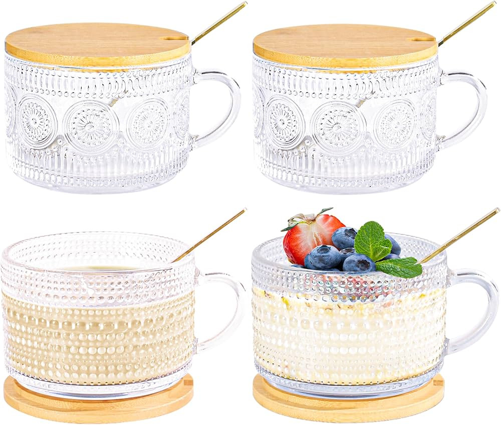 14 oz Coffee Mugs Set of 4 Vintage Sunflower Hobnail Iced Coffee Glass Cups with Bamboo Lids Spoo... | Amazon (US)