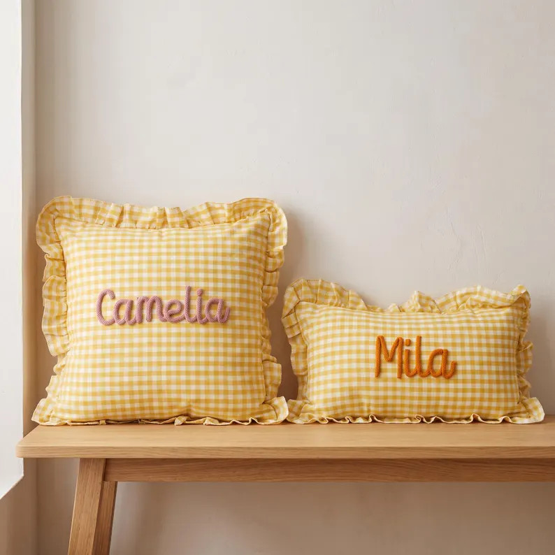 Custom Matching Name Pillow Cover Set, Personalized Yellow Gingham Nursery Decor | Etsy (Global)