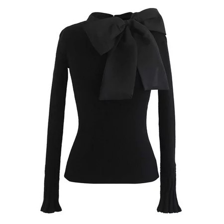 CHICWISH Women s Black Big Bowknot Long Sleeves Knit Top | Walmart (US)