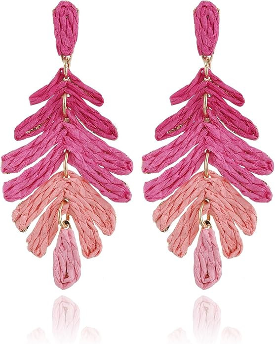 Raffia Long Palm Leaf Earrings, Colorful Handmade Rattan Leaf Drop Dangle Earrings Summer Tropica... | Amazon (US)