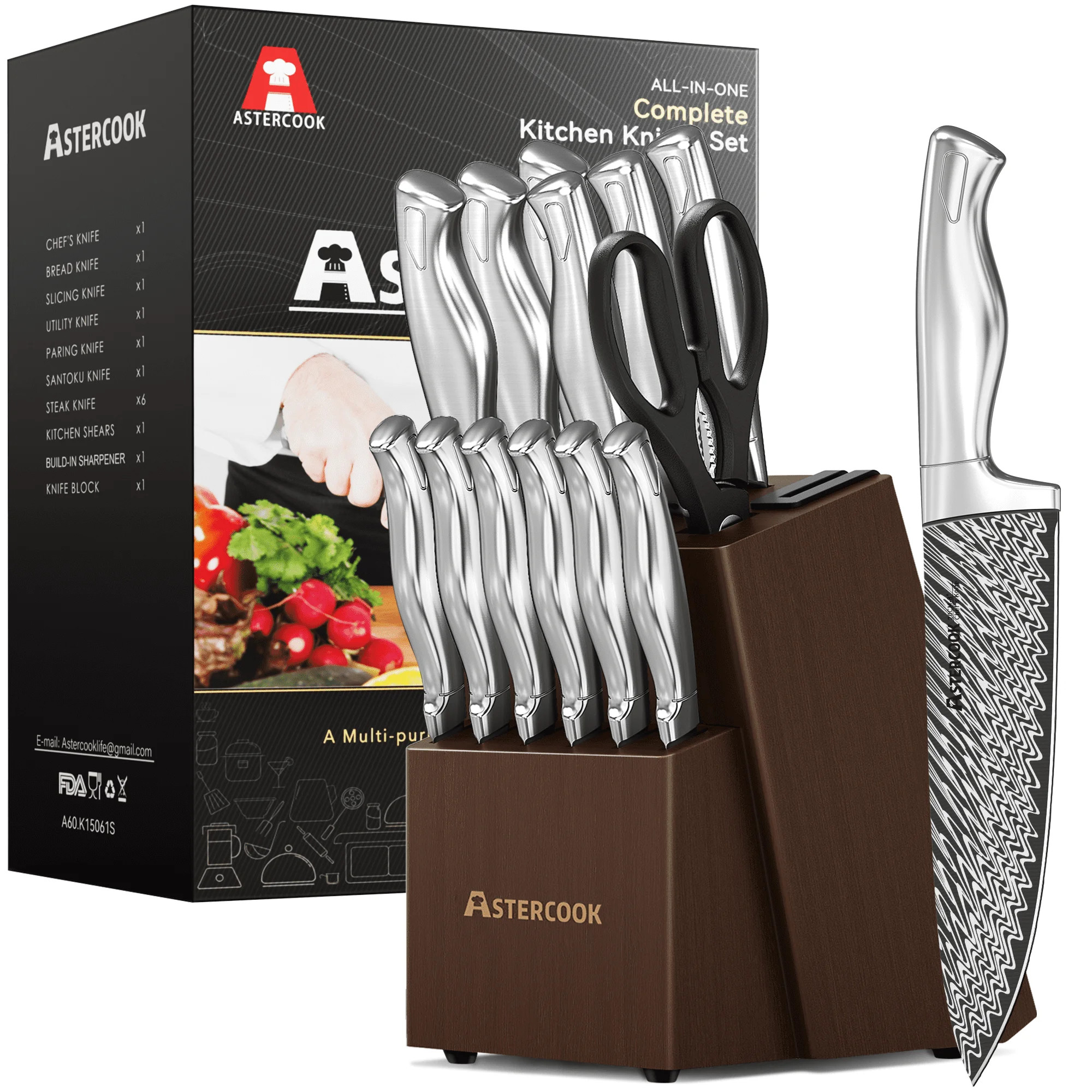 Astercook 14 Piece Kitchen Knife Set with Block and Built-in Sharpener,  Full Tang Knives Sets Ge... | Walmart (US)