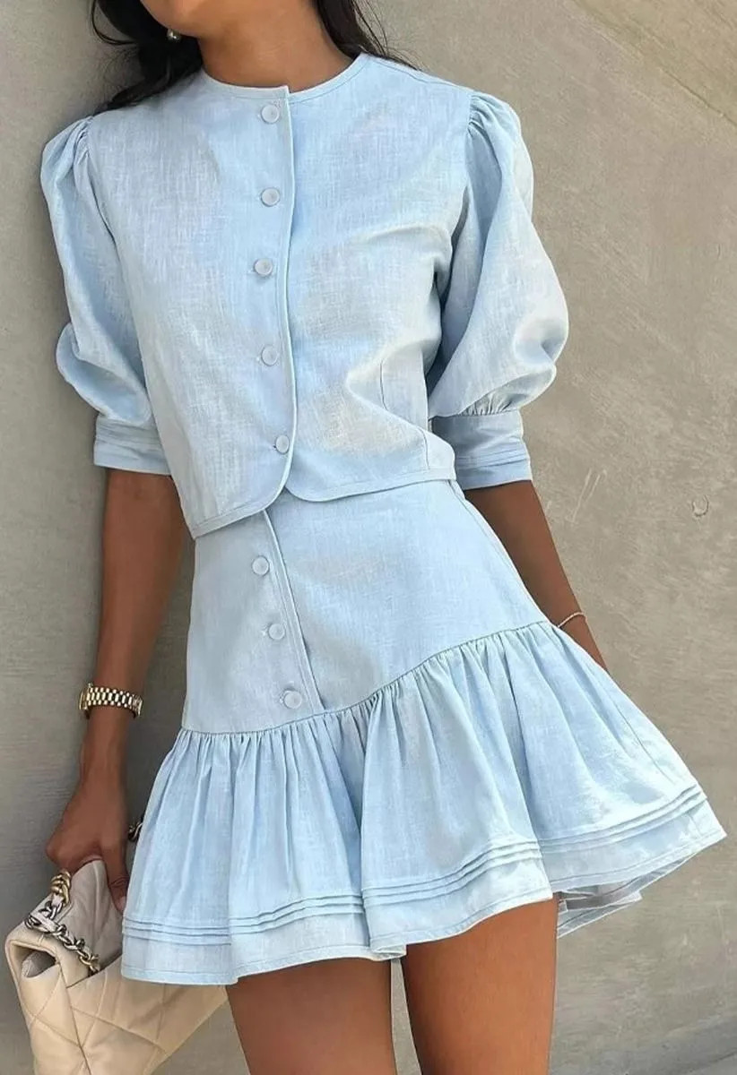Girly Puff Sleeve Buttoned Crop Top and Mini Skirt Set in Baby Blue for Day Date & Cafe Hangouts | Chicwish